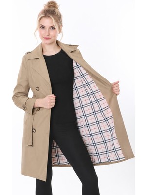 TUTveAL Collection Kadın Suya Dayanıklı Büyük Beden Trençkot Kemerli Uzun Kruvaze Trençkot Bonded Kumaş Astarlı