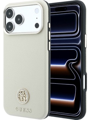 iPhone 18 Pro Max Kılıf Guess Lisanslı M-Safe Özellikli Pu Taşlı Metal 4g ve Yazı Logolu Kapak Bej