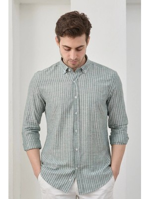 Ravanelli Erkek Gömlek Çizgili %100 Pamuk Keten Görünümlü Düğmeli Yaka Uzun Kol Modern Slim Fit Gömlek