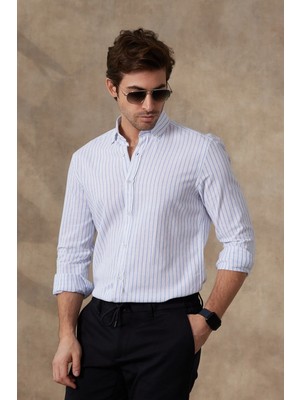 Ravanelli Erkek Gömlek Çizgili %100 Pamuk Keten Görünümlü Düğmeli Yaka Uzun Kol Modern Slim Fit Gömlek