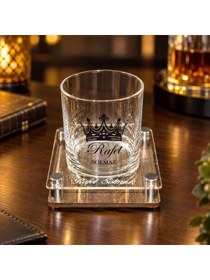 Hediye Kralı Kişiye Özel Premium Viski Bardağı ve Özel Tasarım Viski Altlığı Ikili Set