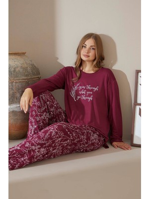 Aydoğan Kadın Büyük Beden Grow Through Yazılı Menekşe Inci Pijama Takımı 9173