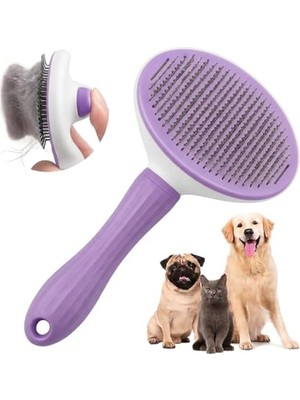 MarkEntegra Mor Basmalı Kedi ve Köpek Tarağı – Otomatik Temizlenen Pet Fırçası – Paslanmaz Çelik Iğneli – Ergonomik Saplı – Tüy Toplama ve Bakım Için Pratik Tarak