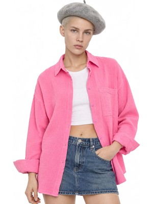 Hiccup Kadınlar Mixray Cep Detaylı Oversize Gömlek Parlak Pembe