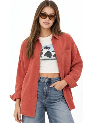 Hiccup Kadınlar Mixray Oversize Muslin Basic Gömlek Tuğla Kırmızısı