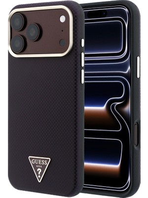 iPhone 18 Pro Max Kılıf Guess Lisanslı M-Safe Pu Metal Üçgen Logolu Karbon Fiber Kevlar Kapak Bordo