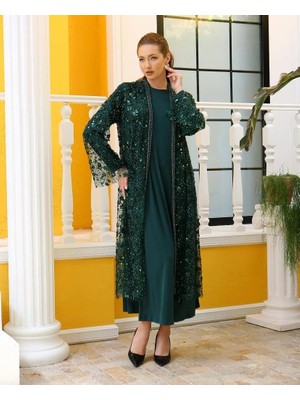 Belirtilmemiş 42905 Büyük Beden  Iç Sandy Kumaş Dış Kenarları Boncuk Detay Pul ve Taşlı Ikili Abaya