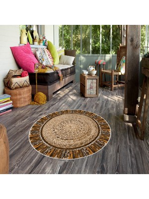 West Home Dijital Baskı Modern Tema Yıkanabilir Kaymaz Taban Yuvarlak Dekoratif Halı Bej