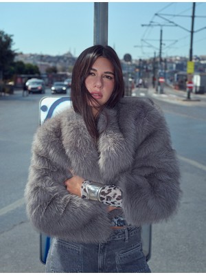 Koton Koton x Sibil Çetinkaya - Suni Kürk Mont Crop Uzun Kollu Bisiklet Yaka
