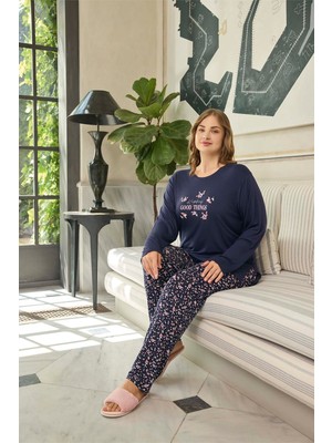 Aydoğan Kadın Büyük Beden Good Things Lacivert Inci Pijama Takımı 0646