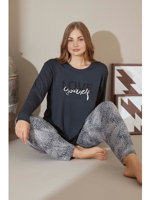 Aydoğan Kadın Büyük Beden Love Yourself Antrasit Inci Pijama Takımı 9170