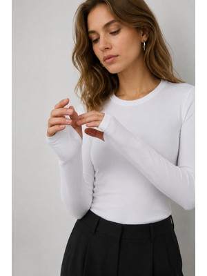 Luminur Uzun Kol Parmak Detaylı Sıfır Yaka Body Beyaz L/xl Düz Pamuk Standart Kapsız