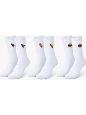 Unisex Çorap Beyaz Nakışlı 3'lü Set Pizza Hotdog Hamburger Desenli Uzun Soket Günlük Spor Çorap Seti
