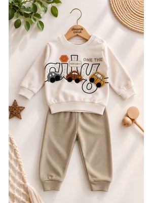 Dinamik çocuk Erkek Bebek 3D Araba Aplikeli Sweatshirt Mevsimlik Alt Üst 2'li Takım 3-6-9-12AYLIK