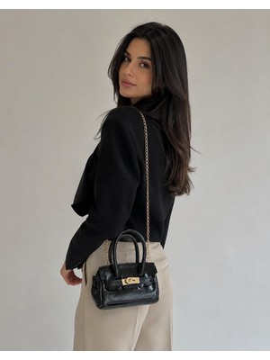 RoseBuy Bags Kadın Siyah Rugan Mini El ve Omuz Çantası – Gold Zincir Askılı Şık Tasarım