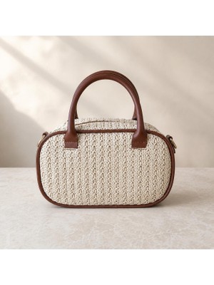 RoseBuy Bags Kadın Krem Hasır Görünümlü Kahverengi Deri Detaylı Mini El ve Omuz Çantası