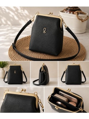 RoseBuy Bags Kadın Siyah Vintage Klipsli Çapraz Askılı Çanta – Gold Detaylı Şık Günlük Çanta
