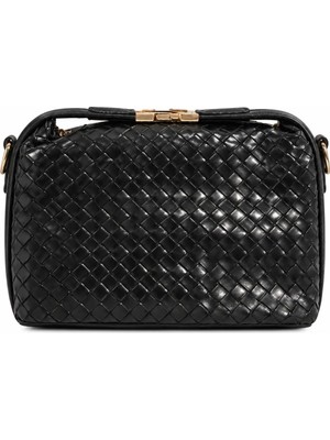 RoseBuy Bags Kadın Siyah Örgü Desenli Çapraz Askılı El ve Omuz Çantası