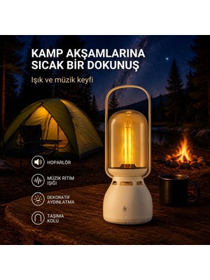 Raylax Dekoratif Fener Tasarımlı Bluetooth Hoparlör Müzik Ritimli Işıklı Taşınabilir Kulplu Masa Lambası Ev Kamp