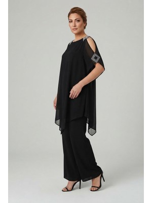 Kadın Siyah/lacivert Omuz ve Kol Detaylı Taşlı Şifon Sendy Üçlü Takım (Tunik ve Pantolon)