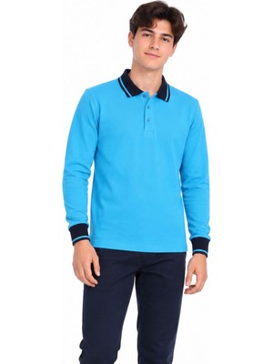 Rednelax Lacivert Yakalı Turkuaz Uzun Kol Düz Renk Lakos Sweat Polo Yaka Sweatshirt