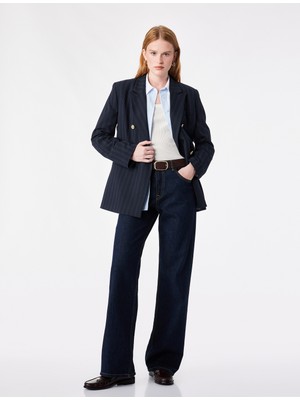 Koton Kruvaze Yaka Uzun Kollu Düğmeli Çift Cepli Çizgili Oversize Blazer Ceket