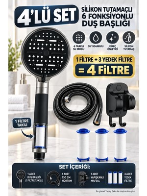 deyhome 4’lü Set Silikon Tutamaçlı 6 Fonksiyonlu Filtreli Duş Başlığı + 150 cm Duş Hortumu + Yapışkanlı Askı + 3 Adet Yedek Filtre