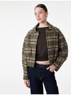 Koton Uzun Kollu Cepli Fermuarlı Crop Ekose Bomber Ceket