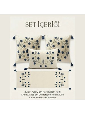 Destiva Home Punch Nakışlı Papatya Desenli Kırlent Runner Seti 2 Kare 1 Dikdörtgen Kırlent 1 Runner Dekoratif Set