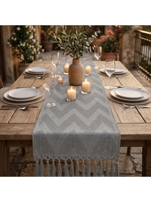 Destiva Home Püsküllü Zigzag Desenli Dokulu Masa Örtüsü Dekoratif Salon ve Mutfak Masa Runner