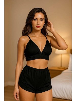 Veto Pazar Kadın Siyah Yüksek Bel Şortlu Bralet Takım