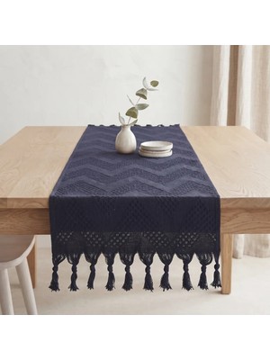 Destiva Home Püsküllü Zigzag Desenli Dokulu Masa Örtüsü Dekoratif Salon ve Mutfak Masa Runner