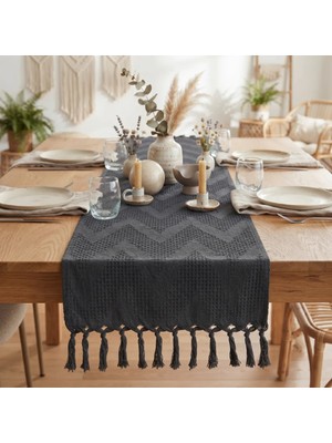 Destiva Home Püsküllü Zigzag Desenli Dokulu Masa Örtüsü Dekoratif Salon ve Mutfak Masa Runner