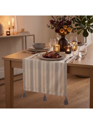 Destiva Home Gri Çizgili Gri Püsküllü Pamuklu Masa Dekoratif Runner 40X110 cm