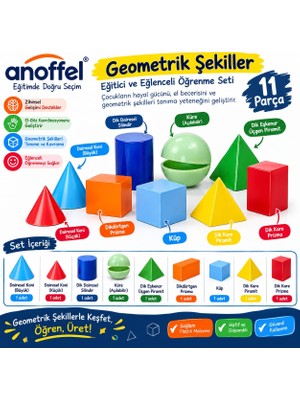 Anoffel Geometrik Şekiller ve Cisimler Seti 1 Paket Matematik Ders Materyali 11 Parça: Prizma,küp,silindir,küre,honi,piramit