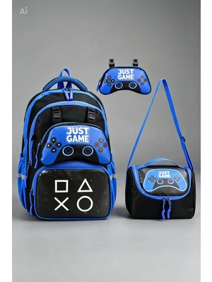 Gigi Luxe Gamer Joistik Desenli Ilkokul Çanta Seti Termal Beslenmeli ve Kalemlikli Erkek Çocuk Okul Çantası Çocuk Sırt Çantası
