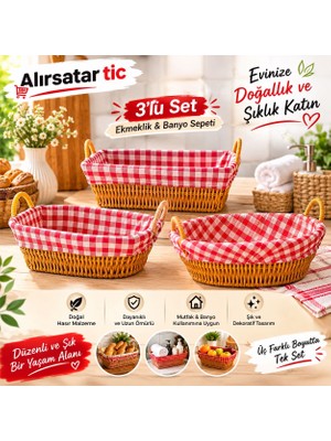 Taçev Hasır Ekmeklik Banyo Dekoratif 3 Lü Sepet Seti Yuvarlak Dikdörtgen ve Oval Rattan Bezli