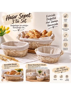 Taçev Hasır Ekmeklik Banyo Dekoratif 3 Lü Sepet Seti Yuvarlak Dikdörtgen ve Oval Rattan Bezli