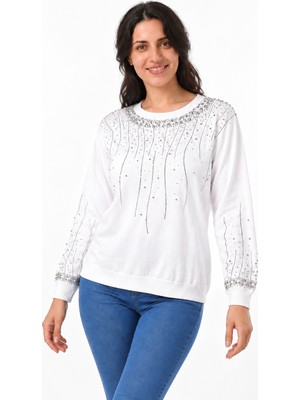Etki Moda Kadın Önü ve Kolları Taş Baskılı Uzun Kollu Triko Bluz