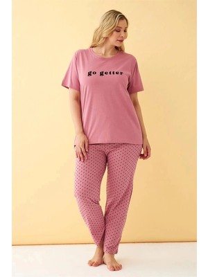 MTM My The Mall Giyim Kadın Somon Go Getter Yazılı Büyük Beden Pijama Takımı