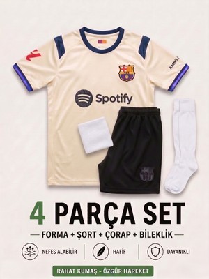 Yensa Barcelona Lamine Yamal Krem Çocuk Futbol Forması 4'lü Set Forma - Şort - Çorap - Bileklik