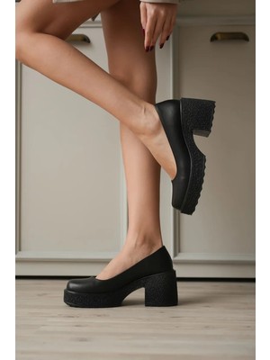 Alfaze Siyah Deri Platform Taban Şık Loafer Ayakkabı Topuk Boyu 6 cm