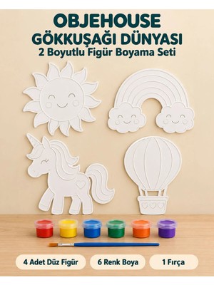 Wesank Objehouse Gökkuşağı Dünyası 2 Boyutlu Boyama Seti, 4 Figür, 6 Renk Boya, 1 Fırça