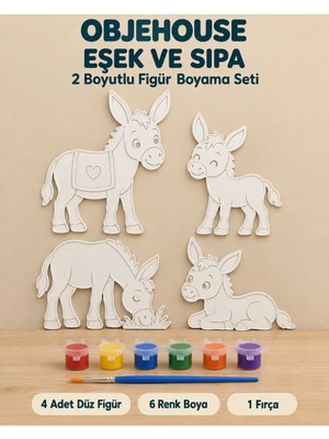 Wesank Objehouse Eşek ve Sıpa 2 Boyutlu Boyama Seti, 4 Figür, 6 Renk Boya, 1 Fırça