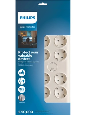 Philips Phılıps SPN7080WA/62 8 Soket Akım Korumalı Priz 900 Joules 2mt Örgülü Kablo (BEYAZ)(1923)