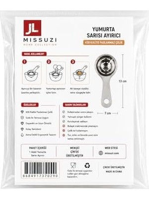 Jl Missuzi Home Collection Paslanmaz Çelik Yumurta Sarısı Ayırıcı, 430 Kalite, Gıda ile Temasa Uygun, Kolay Temizlik