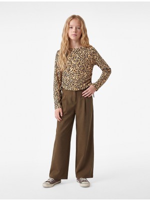 Koton Leopar Desenli Büzgülü Slim Fit Bisiklet Yaka Uzun Kollu Crop Bluz