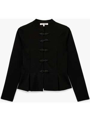 Koton Mandarin Yaka Süslü Düğmeli Slim Fit Uzun Kollu Krep Tişört