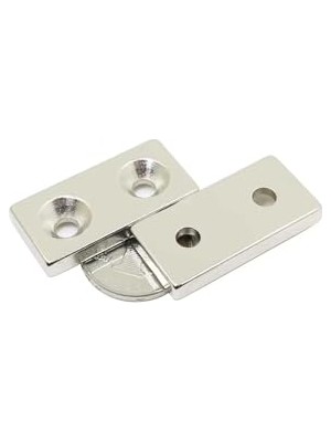 Mey İthalat Dünya Magnet 2 Adet, Köşeli, Neodyum Mıknatıs, 40X20X5 Mm, D: 10/5 Mm, Iki Havşa Delikli, Güçlü Magnet, N35