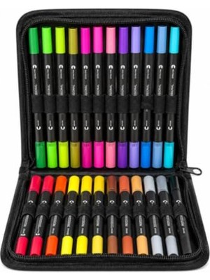 Mey İthalat Boya, 24'lü Keçeli Kalem Seti - Çift Uçlu Profesyonel Marker Kalem Çizim ve Kalemi Seti Fırça Uçlu ve 0.4 mm Fine Uçlu Profesyonel Sanat Boyama Çizim ve Bullet Journal Kalemi (Siyah Çantalı)